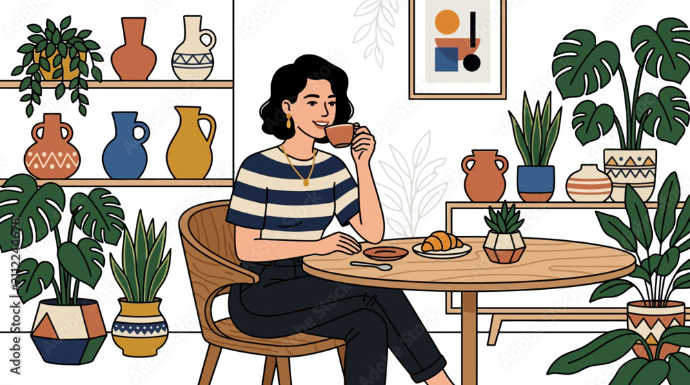 Fototapeta premium Young woman drinking coffee in cozy cafe surrounded by houseplants and ceramic pottery illustration