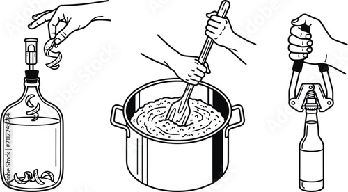 Fotografie Home brewing process vector icons, manual beer making steps line art, hands stir