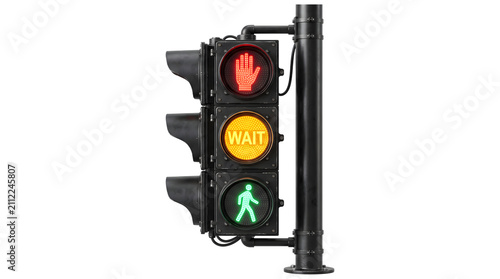 Obraz na plátne Pedestrian crossing signal displaying a red hand amber circle and green walking