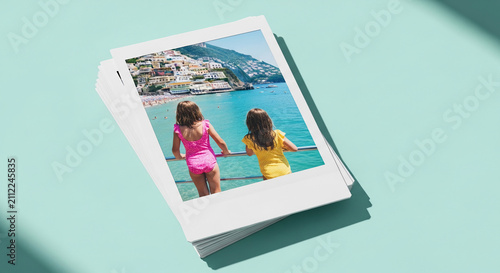 Stack of instant photos showcasing children viewing a coastal town and blue ocean, symbolizing vacation memories and summer travel