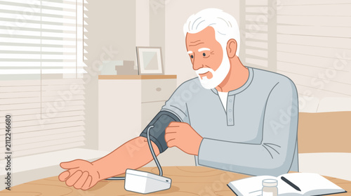 Senior Man Measuring His Own Blood Pressure at Home for Health Monitoring and Wellness