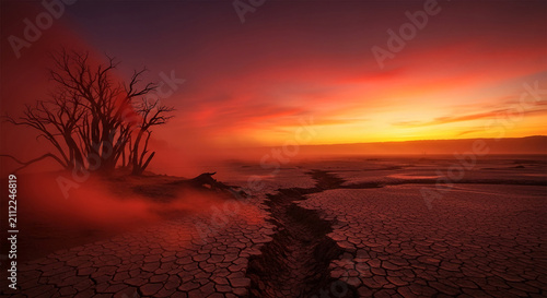 Barren dead tree silhouette against a dramatic red and orange sunset sky over cracked earth, symbolizing desolation, end, or harsh environment
