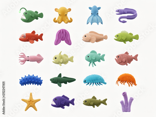 Large collection of cute colorful 3D toy sea creatures and fish icons isolated on white background