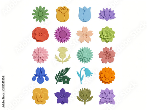 Colorful set of 3D stylized flower icons and floral nature symbols isolated on white background