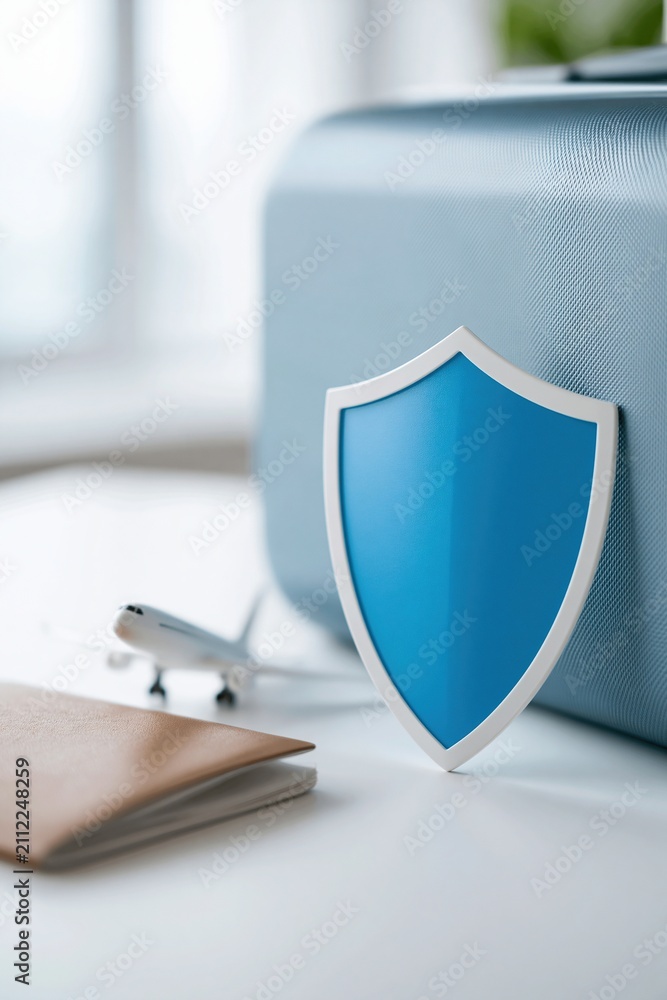 Obraz premium Travel Insurance Concept: Shield Symbolizing Protection For Luggage, Passport, and Airplane Model