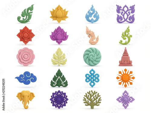 Collection of Colorful 3D Thai Traditional Pattern Icons and Cultural Symbols Isolated on White