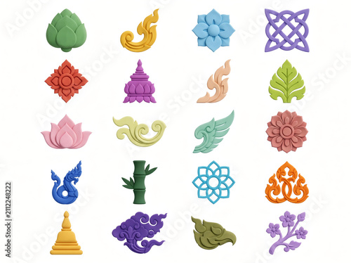Colorful 3D Thai Traditional Art Motifs and Cultural Icons Set Isolated on White Background