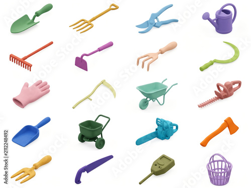Collection of colorful 3D gardening tools and farming equipment icons isolated on white background