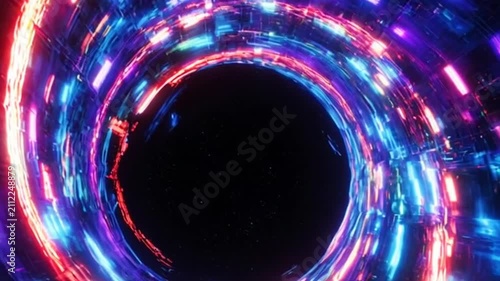 Futuristic Cyber Neon Tunnel Vortex with Glowing Digital Lights Leading to a Dark Void