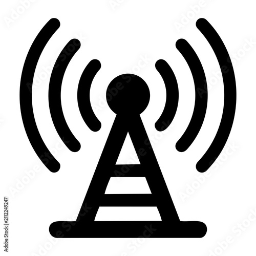 Wireless communication tower icon with radiating radio waves in bold black silhouette design
