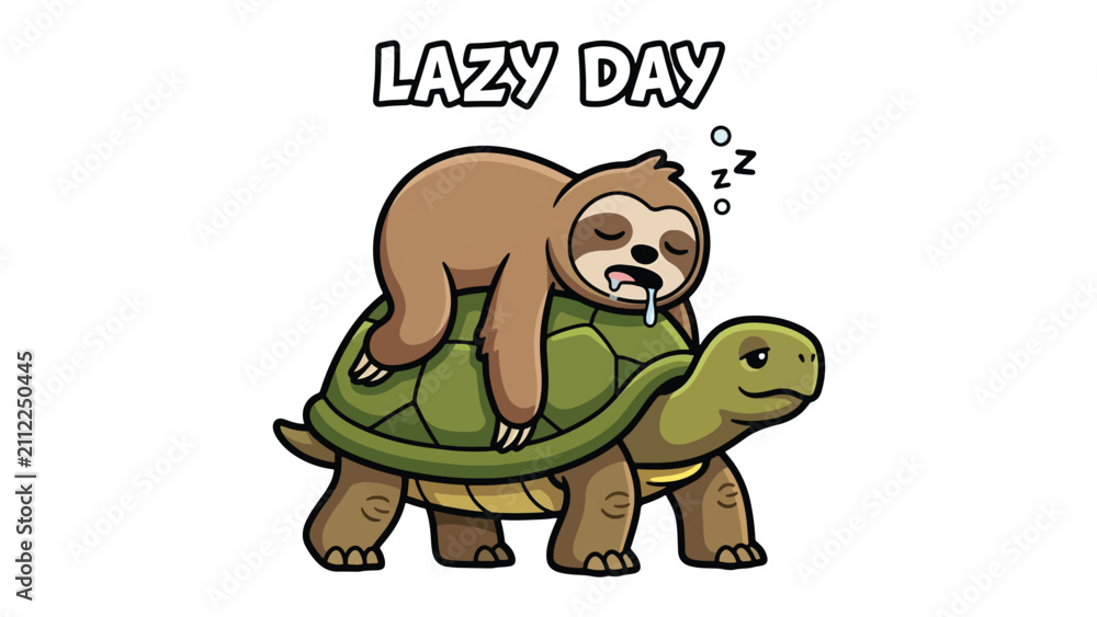 Fototapeta premium Sloth Sleeping on a Turtle Illustration for Lazy Day Concepts