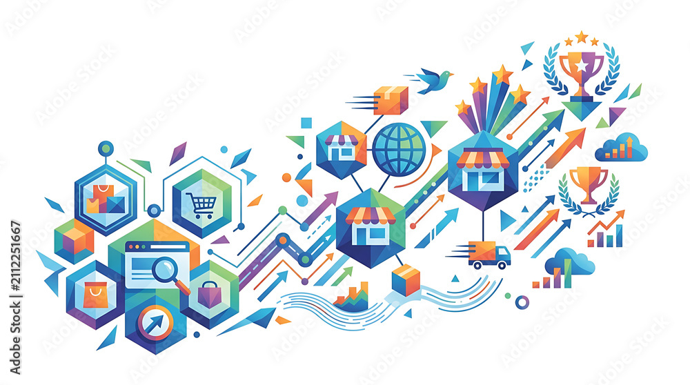 Naklejka premium Digital E commerce Expansion Growth Strategy With Data Analytics And Global Connectivity For Online Business Success