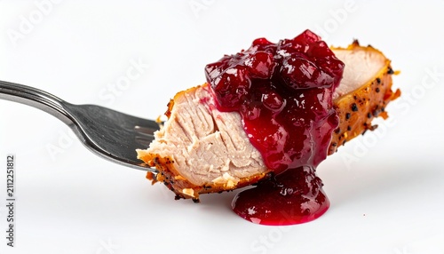 A succulent bite of roasted poultry meat garnished with sweet cranberry sauce on a silver fork, isolated