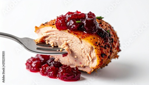 Roasted Turkey Breast Morsel with Cranberry Sauce Served on a Silver Fork Isolated on a Clean Minimalist White Background