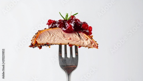 A piece of roasted meat topped with cranberry sauce on a fork against a white background