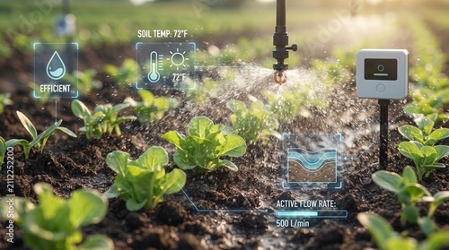Smart automated irrigation system watering young green vegetable plants in a small garden