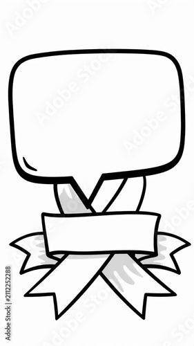 Minimalist speech bubble with decorative ribbon banner outline illustration.