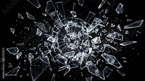 Foto A dramatic close up of shattered glass fragments exploding outward against a dee