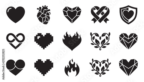 Creative heart icon collection. Diverse artistic styles including realistic anatomy geometric gems pixelated shapes and floral motifs. Symbols of love health passion and decoration.