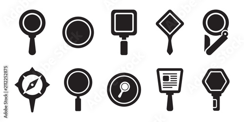 Research and investigation icon set. Various magnifying tools compass navigation signs and handheld mirror shapes. Professional collection for discovery inspection and finding items.