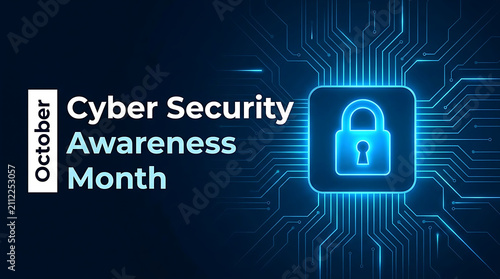 October cybersecurity awareness graphic with a bright cyan padlock icon and intricate digital circuit board paths.