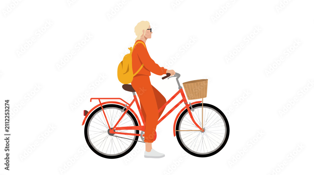 Naklejka premium Woman riding red bicycle with basket vector illustration