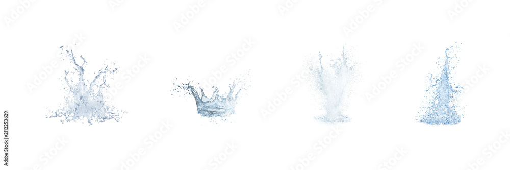 Obraz premium Water Splash Variations Set. Dynamic Fluid Motion And Splash Art Collection Isolated On Transparent Background