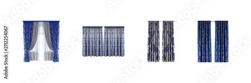 Elegant Blue Patterned Curtains Set. Home Decor And Interior Design Collection Isolated On Transparent Background
