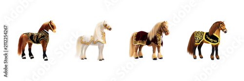 Toy Horses In Ornate Costumes Set. Decorative Equestrian Figurines Collection Isolated On Transparent Background