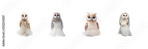 Owls In Bridal Attire Set. Whimsical Wedding Theme Collection Isolated On Transparent Background
