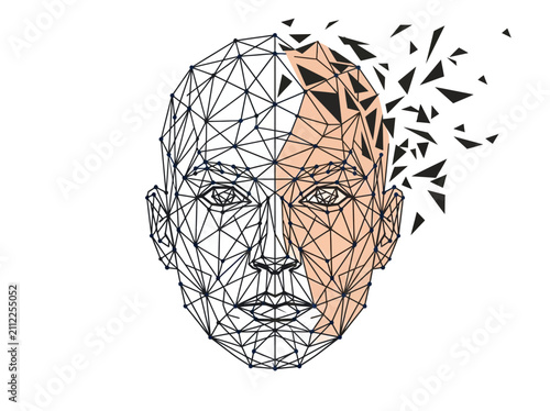 Foto Geometric Wireframe of Human Head Disintegrating into Digital Fragments