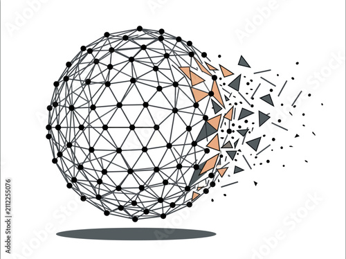 Foto Abstract geometric sphere disintegrating into digital particles and fragments on
