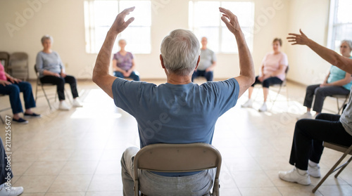 Senior stretching overhead in a seated chair exercise class
