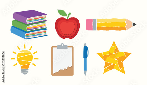 School supplies icons including books apple and pencils white background and color black with supplies education clipboard learning classroom academic white background and color black
