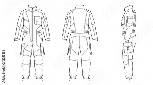 Technical Fashion Sketch of a Men's Tactical Jumpsuit, Front, Back and Side View, Cargo Boilersuit Design Template