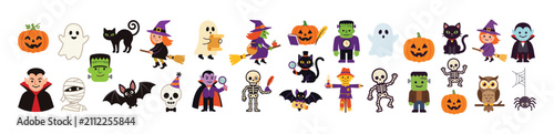Set of cute halloween character illustrations including witches ghosts pumpkins bats and monsters on white background and color black with halloween, characters white background and color black