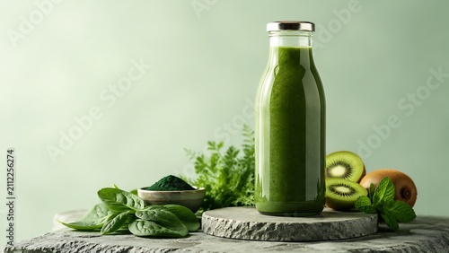 Premium Superfood Green Juice Bottle with Spinach, Spirulina and Kiwi Ingredients for Natural Wellness, Healthy Lifestyle and Plant Based Nutrition Branding Campaigns