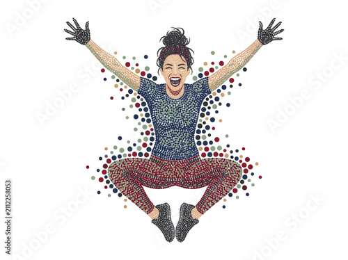 Joyful Woman Jumping Celebration in Creative Dot Art Style
