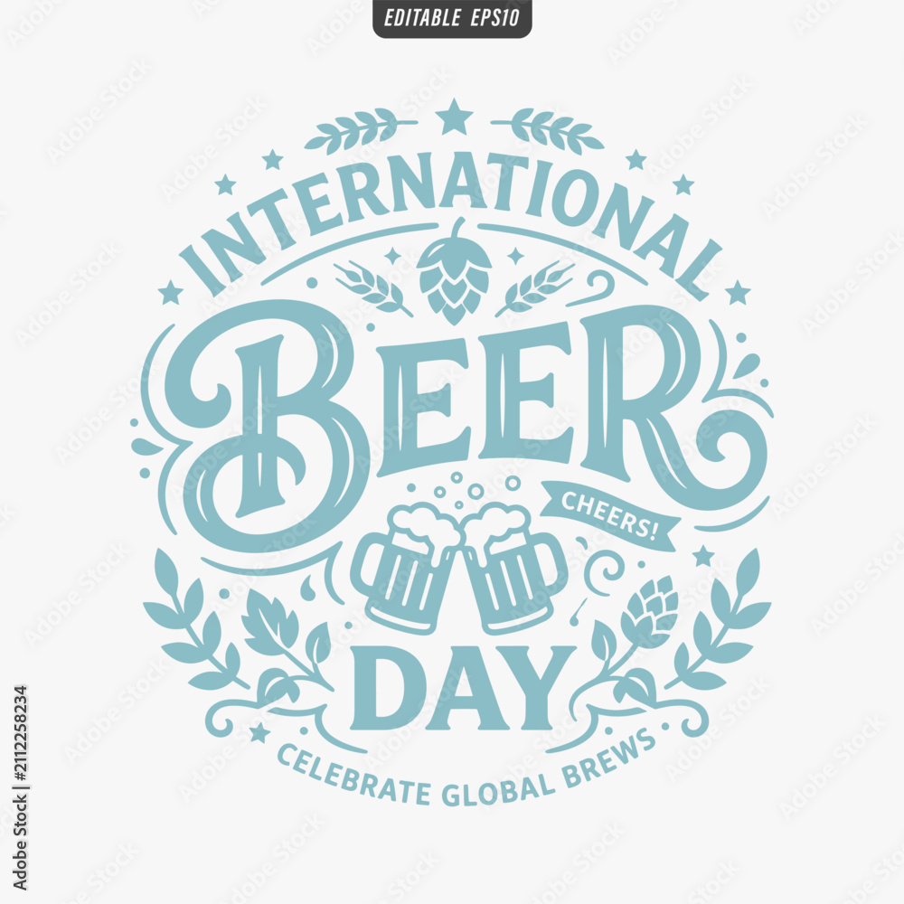 Obraz premium The flat design for a International Beer Day poster focuses on simplicity, elegance, and ease of recognition. Vector Illustration