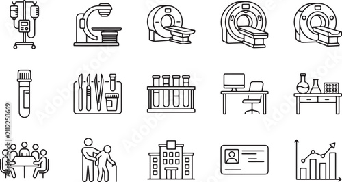 Oncology Services Cancer Treatment Diagnostic Radiology and Patient Care Line Art Vector Icon Set