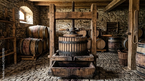 Traditional wooden wine press in a rustic stone cellar with barrels