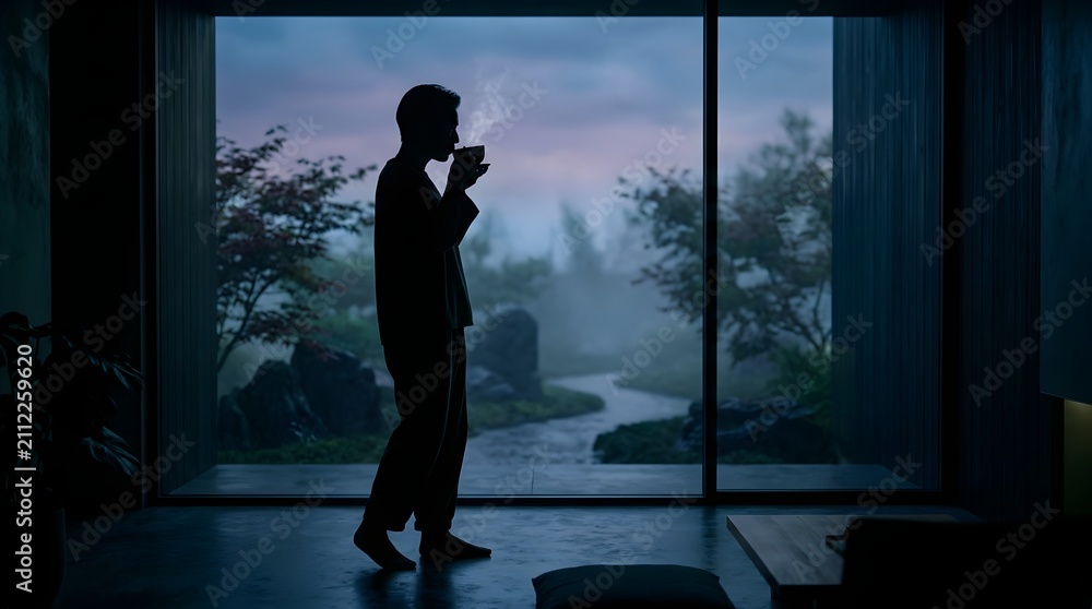 Fototapeta premium Person stands by a window in a dark room while enjoying a hot morning coffee cup.