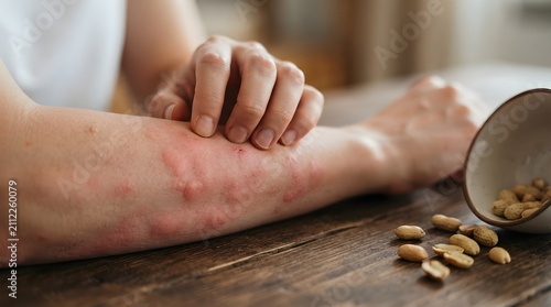 Allergy sufferer scratches itchy red skin rash after eating peanuts in the kitchen.