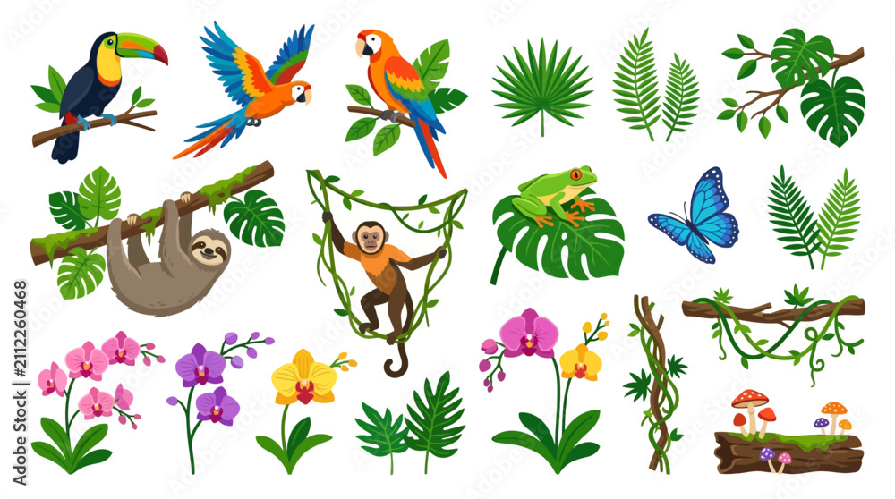 Obraz premium Tropical Birds And Jungle Leaves Exotic Nature Illustration Set