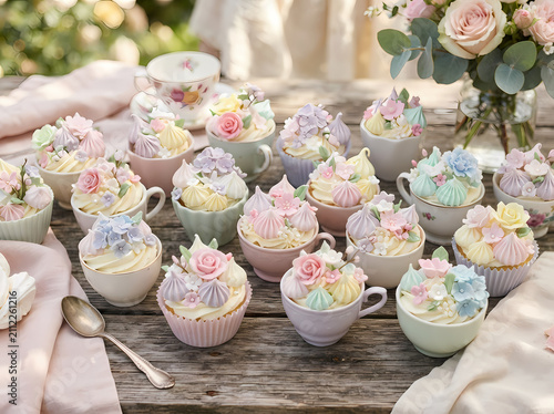 Cupcake tea party with floral frosting. Pastel desserts served in vintage teacups.