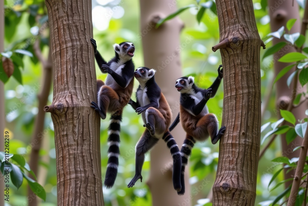 Fototapeta premium Four ring-tailed lemurs climb in forest with green foliage