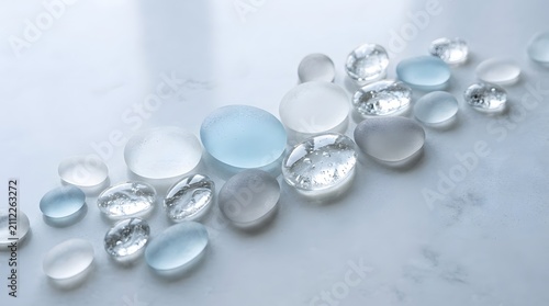 Collection of frosted glass pebbles and clear glass droplets on a white surface glass effect atone