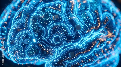 Glowing digital brain with neural connections, artificial intelligence and machine learning concept