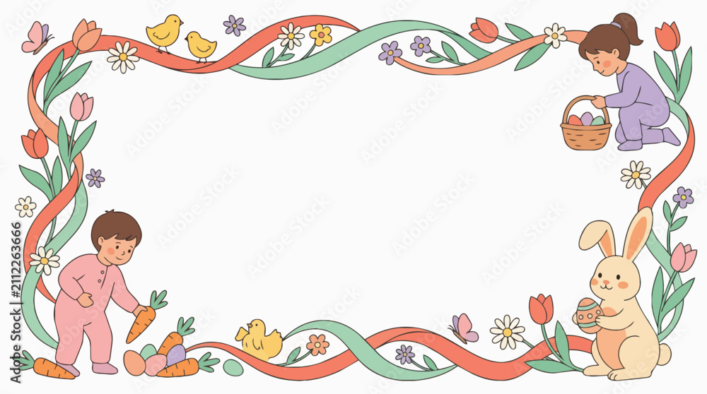 Fototapeta premium Charming Easter spring frame with children collecting colorful eggs, cute bunny, flowers, and ribbons