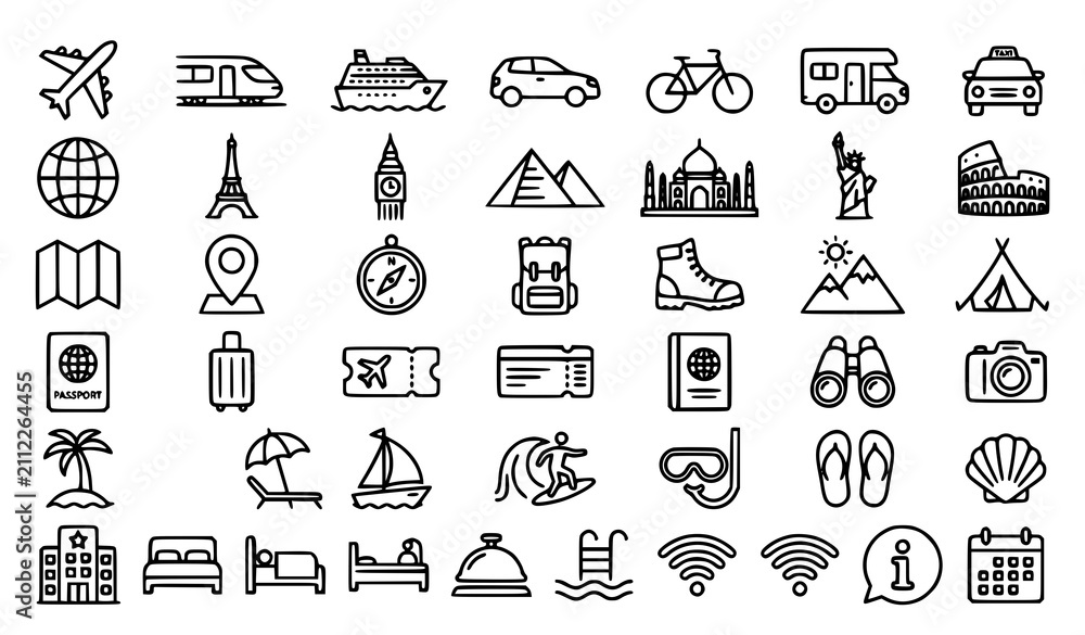 Fototapeta premium Professional Travel Line Art Icons with Editable Stroke Transportation and Tourism Vector Set